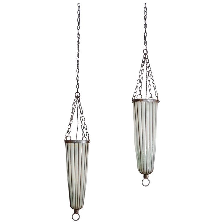 Pair of Iron and Blown Glass Pendant Lanterns