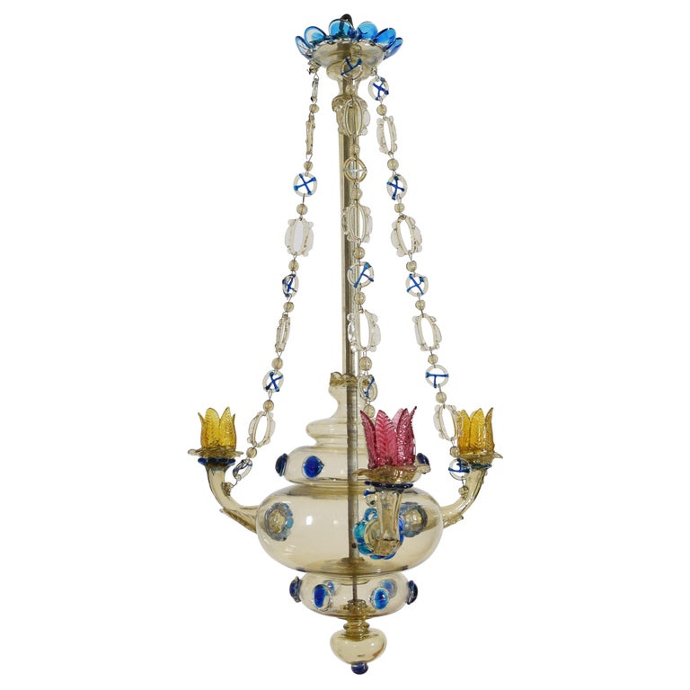 Rare Blown and Colored Murano Glass 3-Light Chandelier