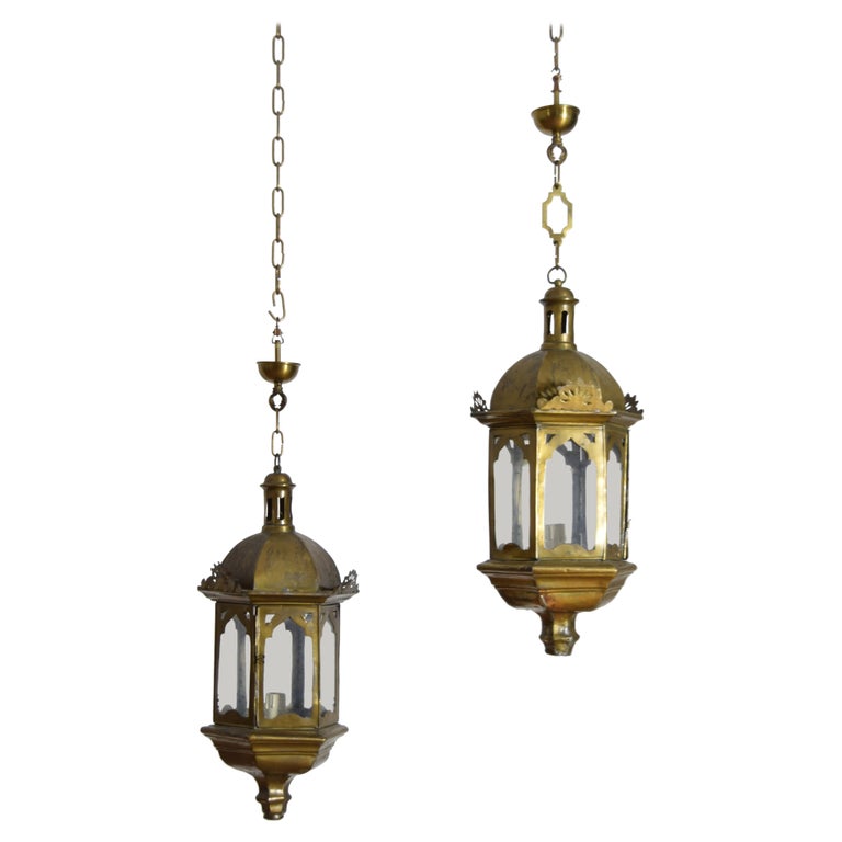 Pair of Hexagonal Brass Lanterns