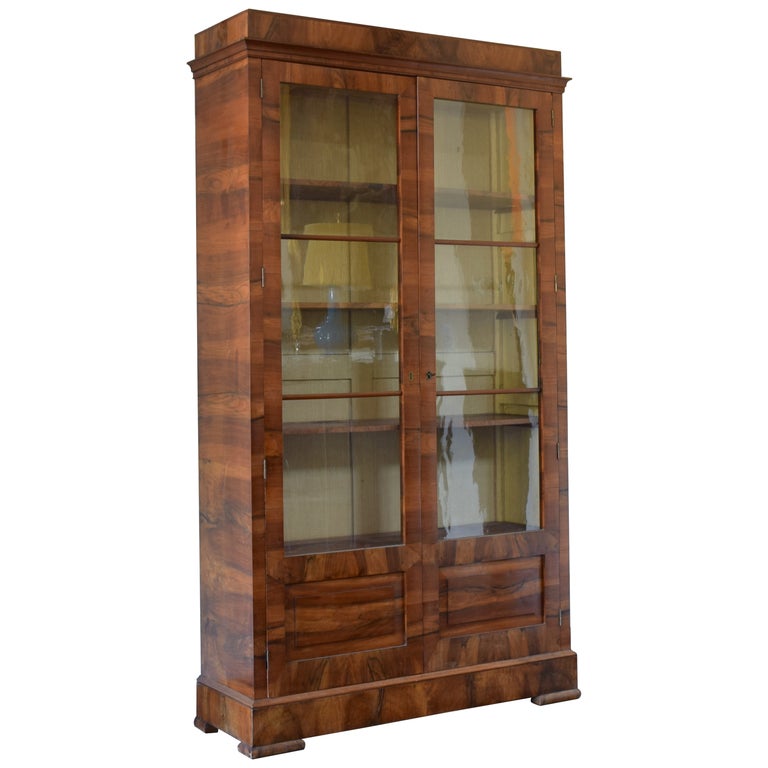 Light Walnut Veneered Glass-Front Bookcase