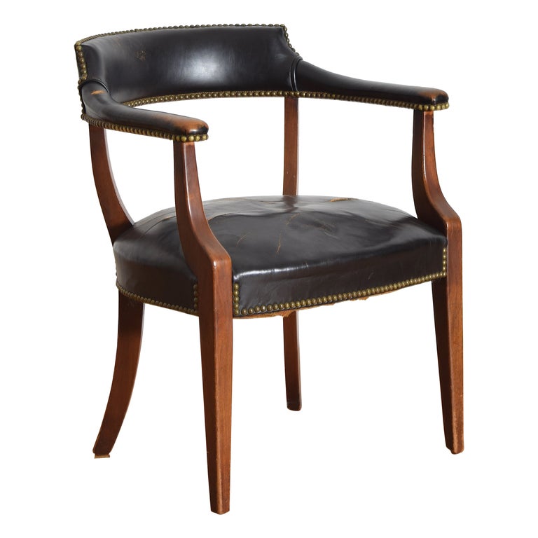 Mahogany and Leather Upholstered Barrel-Back Armchair