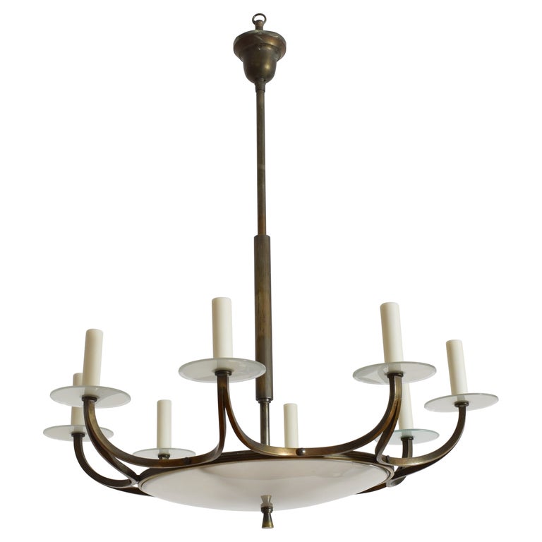 Patinated Brass and Glass Domed 12-Light Chandelier