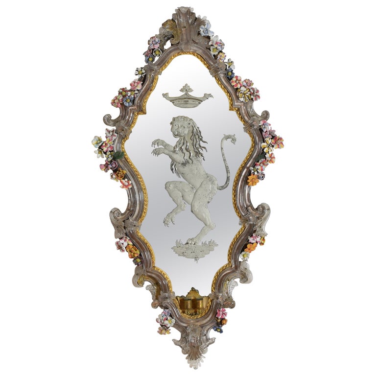 Etched Glass and Floral Decorated Mirror