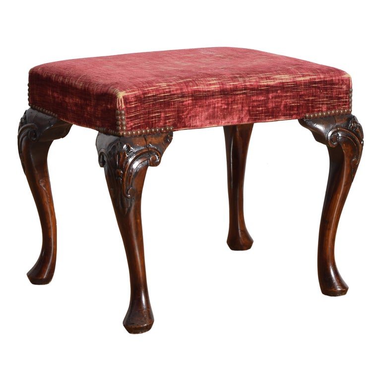 Carved Mahogany and Upholstered Bench