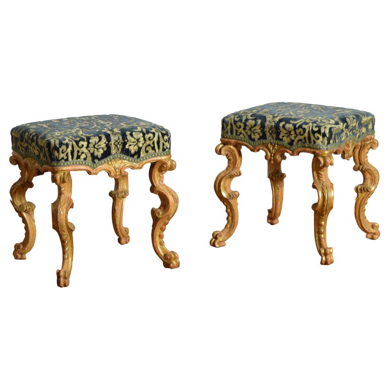 Pair of Carved Giltwood and Upholstered Benches