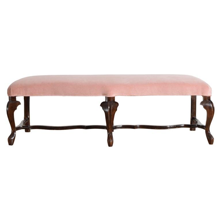 Carved Walnut and Upholstered Bench