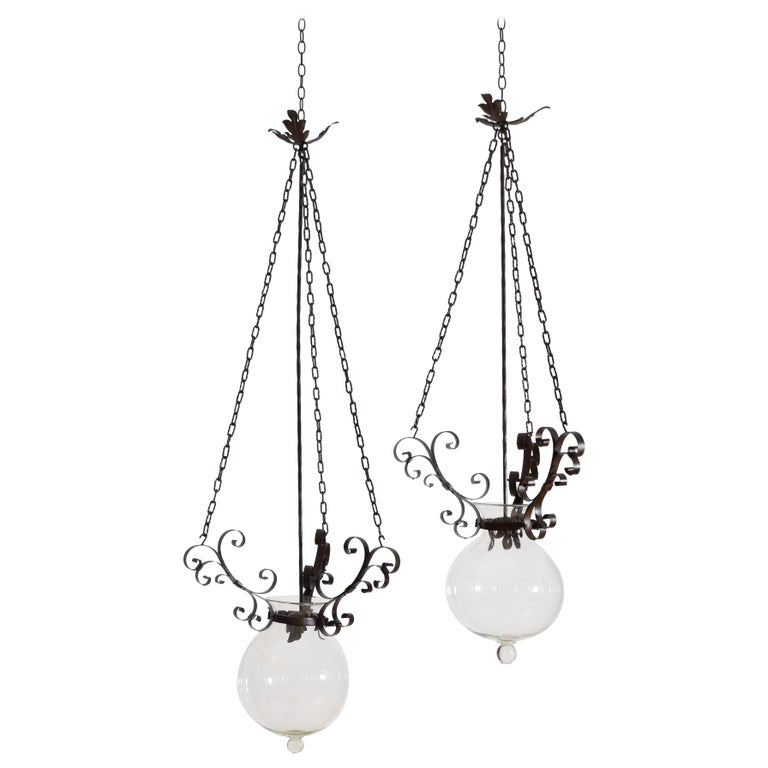 Pair of Iron and Blown Glass Pendant Lanterns