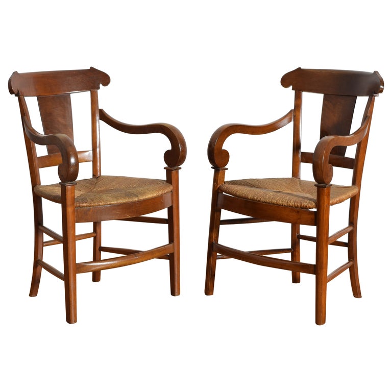 Pair of Walnut Armchairs with Rush Seats