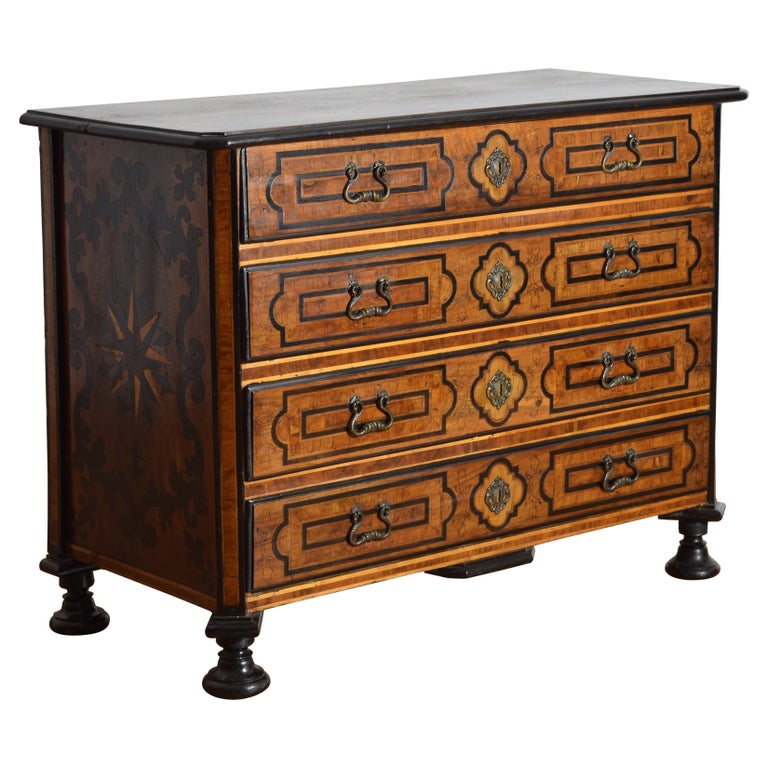 Walnut, Inlaid, and Ebonized 4-Drawer Commode
