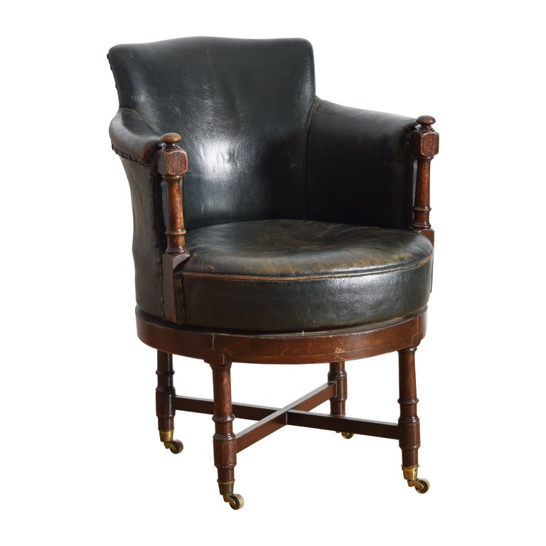 Oak and Leather Upholstered Swivel Desk Bergere