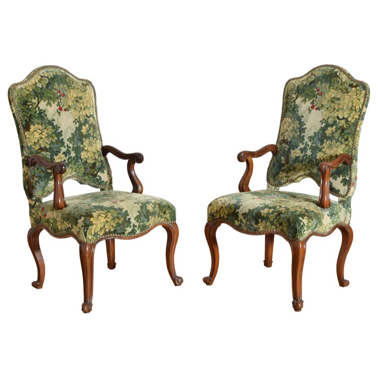 Pair of Walnut and Upholstered Armchairs