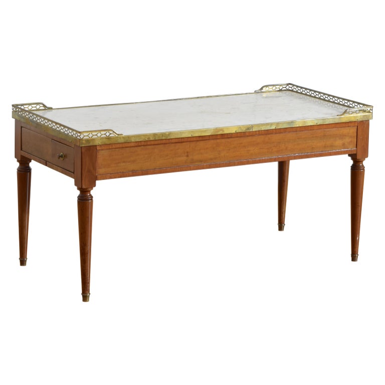 Light Walnut, Marble-Top, and Brass Coffee Table