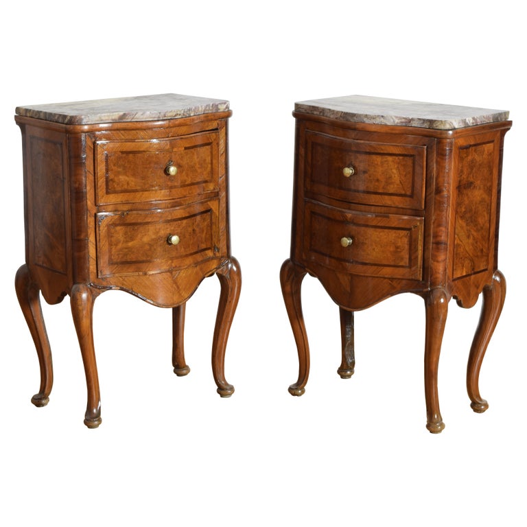 Pair of Walnut, Inlaid, and Marble-Top Bedside Commodes
