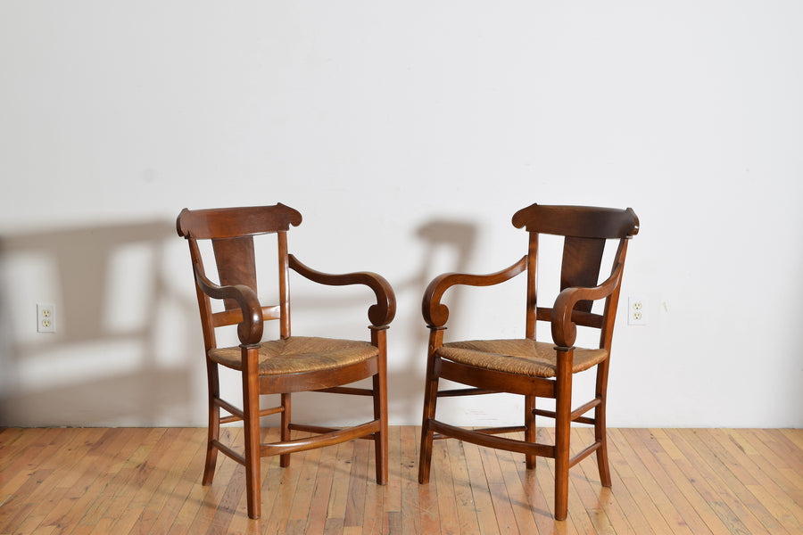 Pair of Walnut Armchairs with Rush Seats