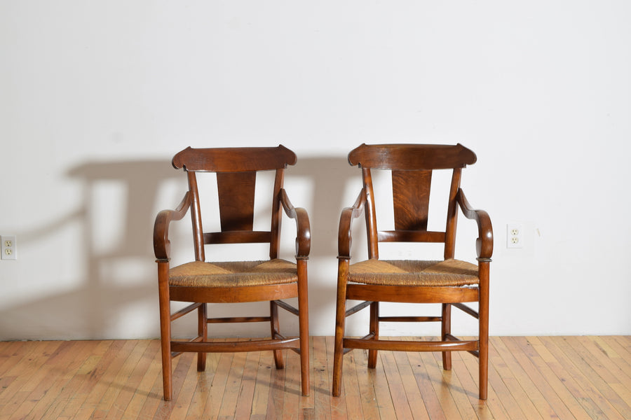 Pair of Walnut Armchairs with Rush Seats