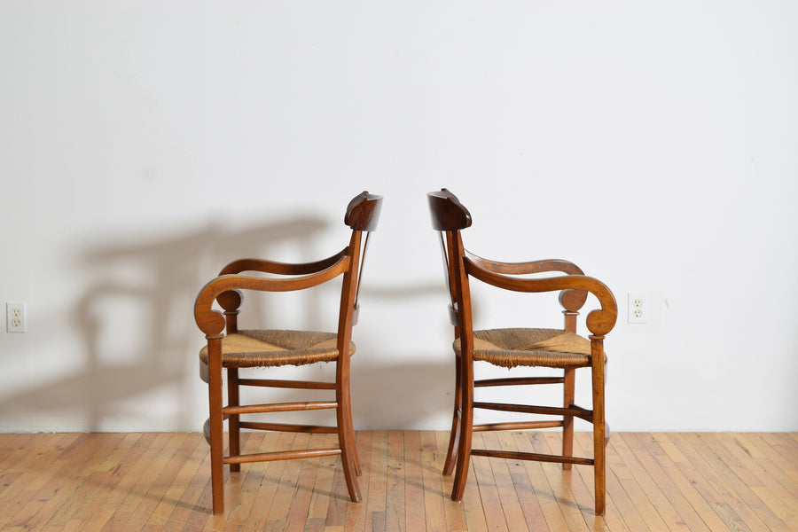 Pair of Walnut Armchairs with Rush Seats