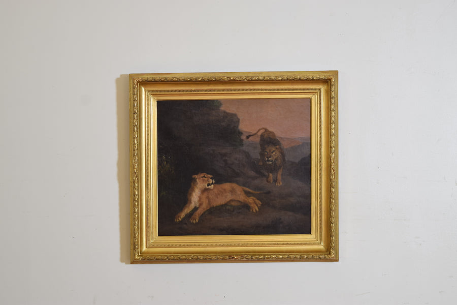 Oil on Canvas, Lioness and Lion