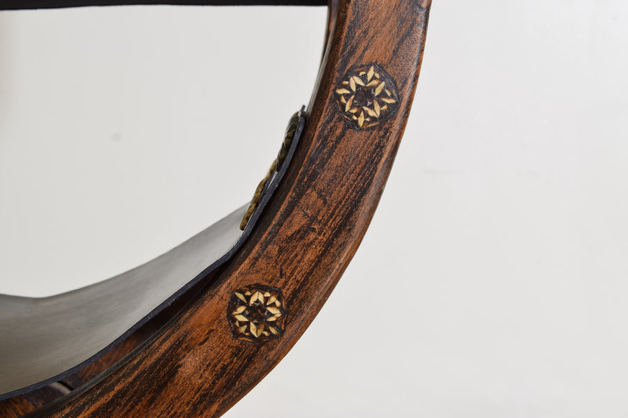 Pair of Walnut and Bone Inlaid Curule Form Armchairs