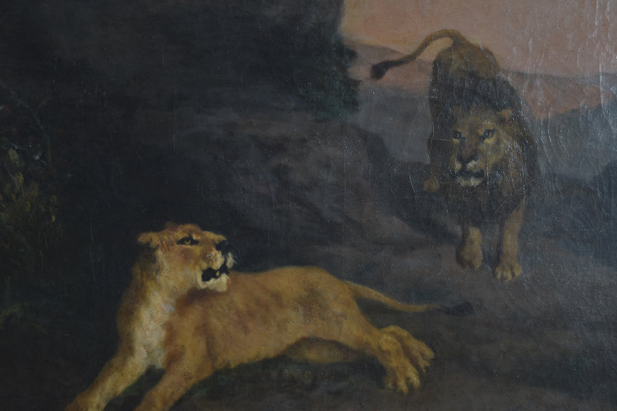 Oil on Canvas, Lioness and Lion