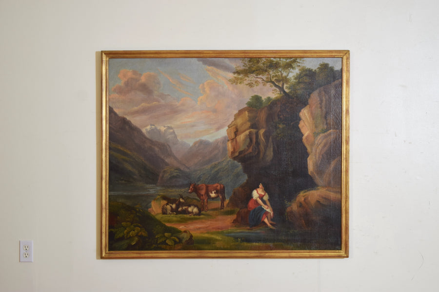 Oil on Canvas, Rocky Landscape with Animals and Figure