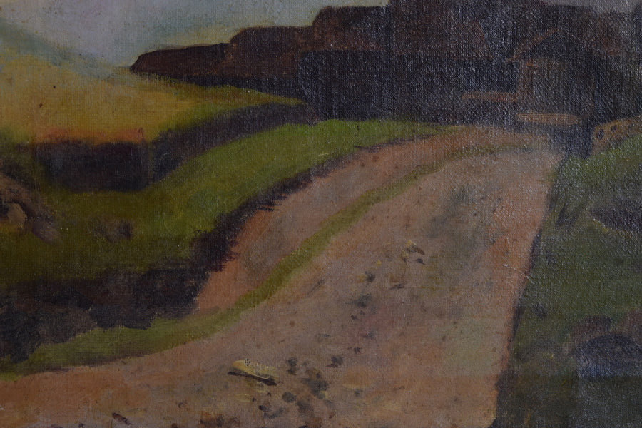 Oil on Canvas, Pathway Leading to Village in Mountainous Landscape