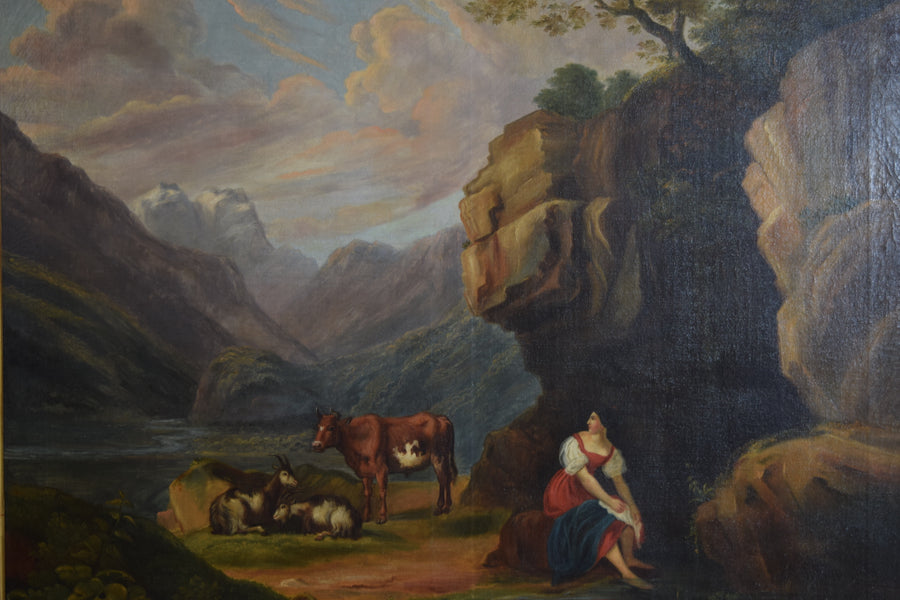 Oil on Canvas, Rocky Landscape with Animals and Figure