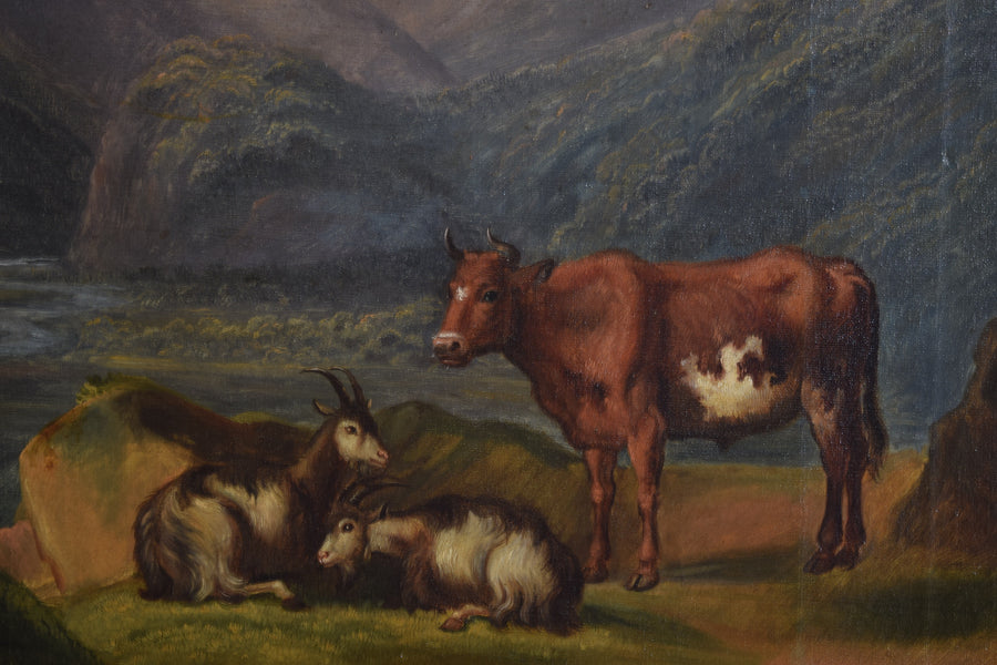 Oil on Canvas, Rocky Landscape with Animals and Figure