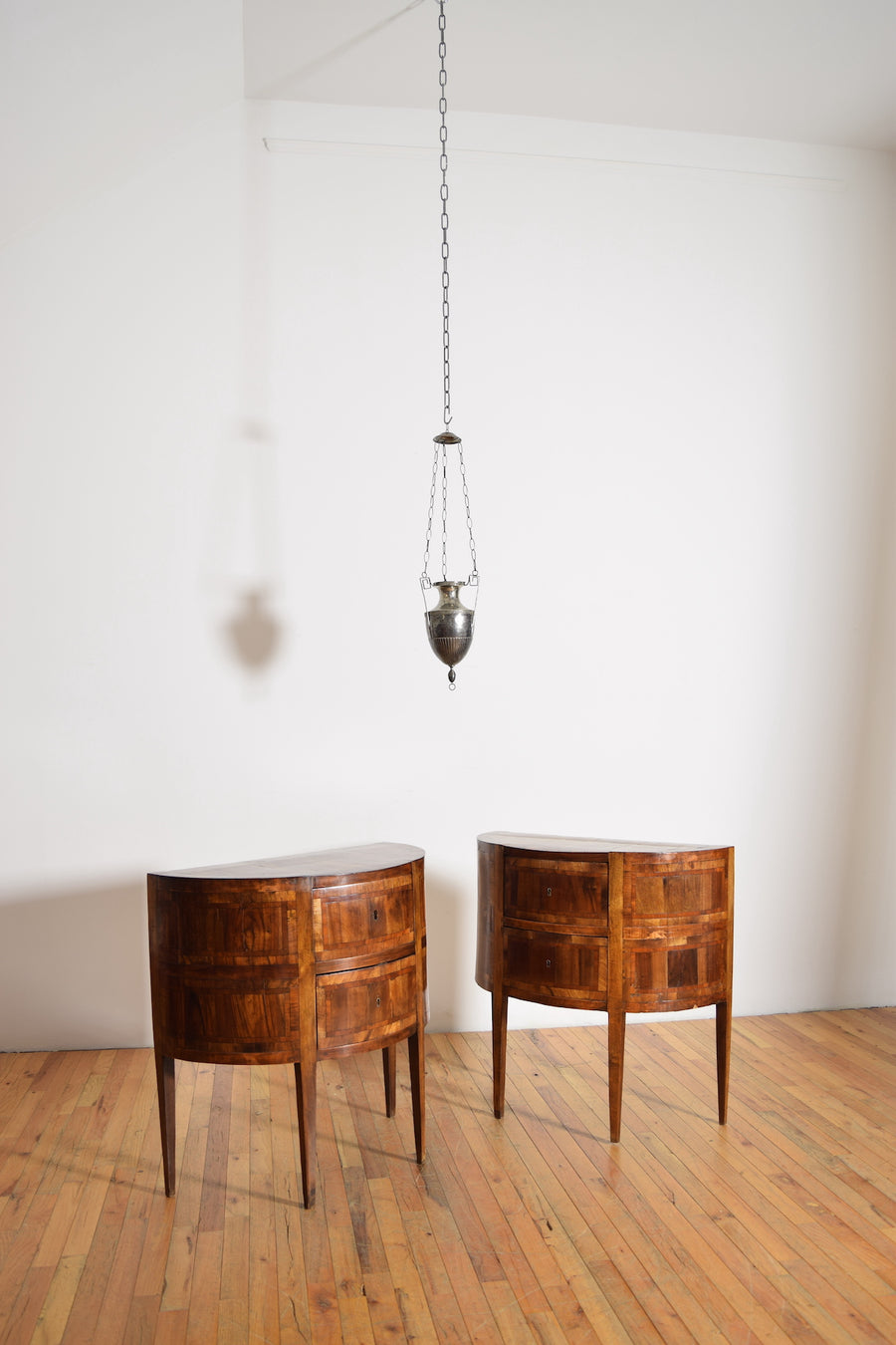 Pair of Veneered and Inlaid Demilune 2-Drawer Commodes
