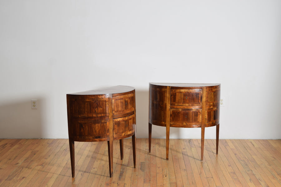 Pair of Veneered and Inlaid Demilune 2-Drawer Commodes
