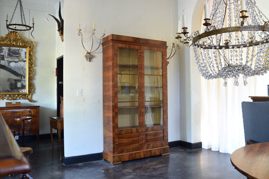 Light Walnut Veneered Glass-Front Bookcase