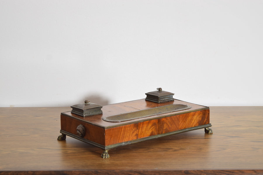 Walnut Veneer and Brass Inkwell