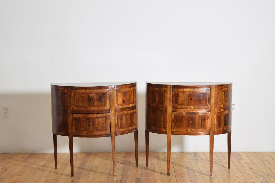 Pair of Veneered and Inlaid Demilune 2-Drawer Commodes