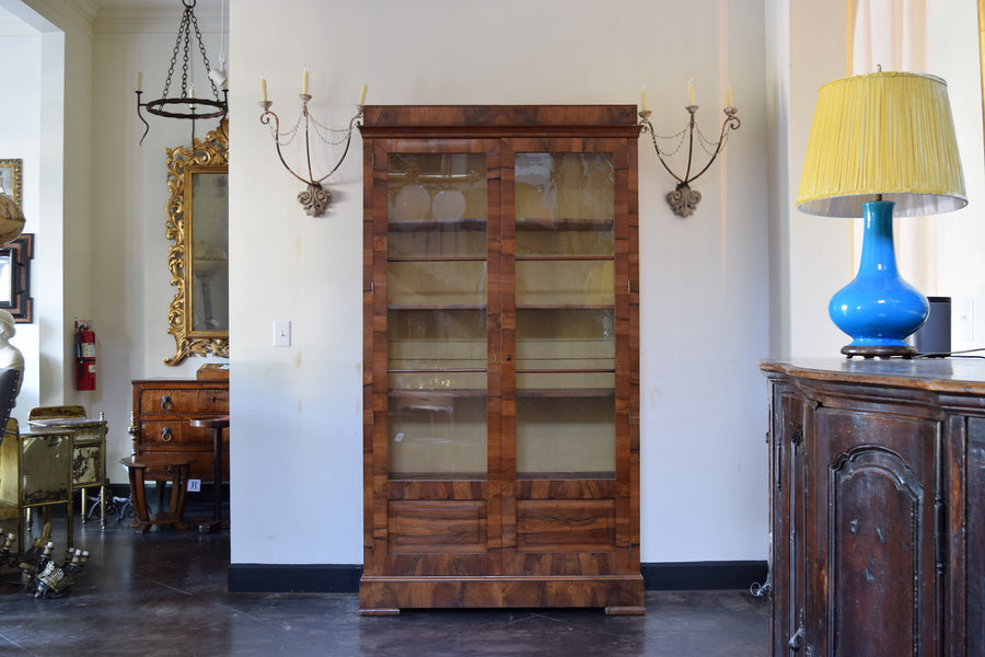 Light Walnut Veneered Glass-Front Bookcase