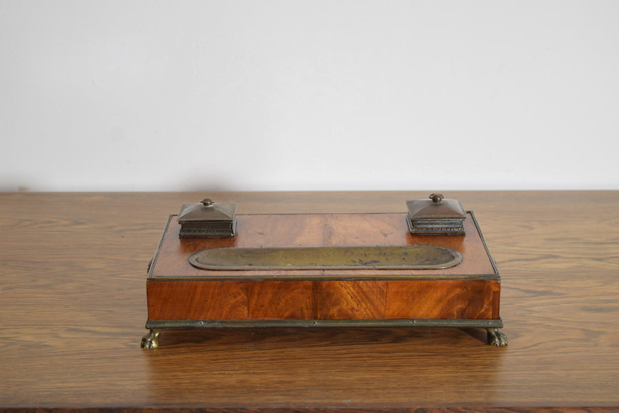 Walnut Veneer and Brass Inkwell