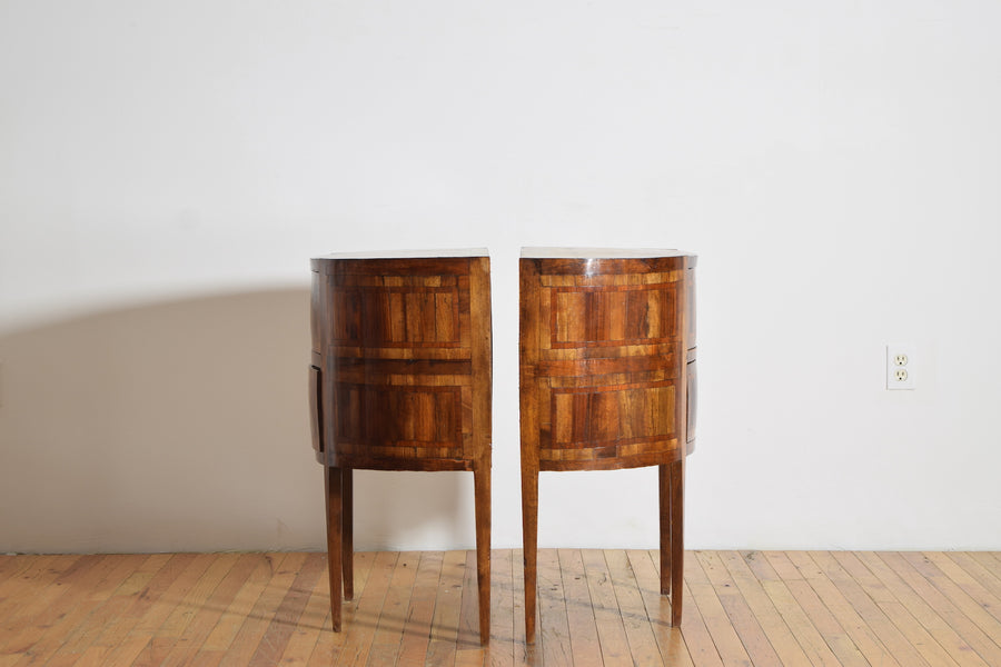 Pair of Veneered and Inlaid Demilune 2-Drawer Commodes