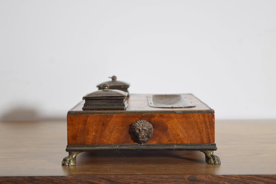 Walnut Veneer and Brass Inkwell