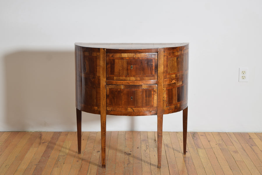 Pair of Veneered and Inlaid Demilune 2-Drawer Commodes