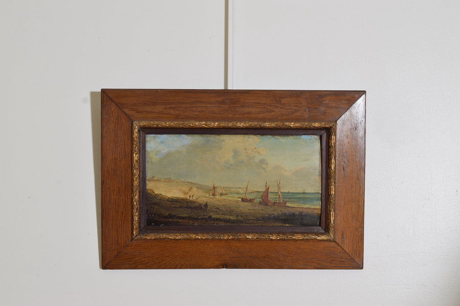 Oil on Board, Fishing Boats and Fishermen Hauling in the Catch