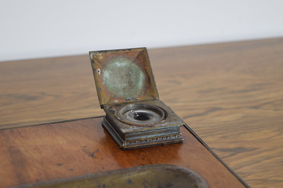 Walnut Veneer and Brass Inkwell