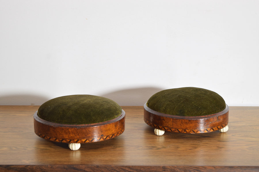 Pair of Walnut Veneered and Upholstered Round Footstools