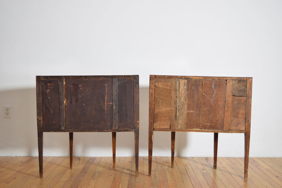 Pair of Veneered and Inlaid Demilune 2-Drawer Commodes