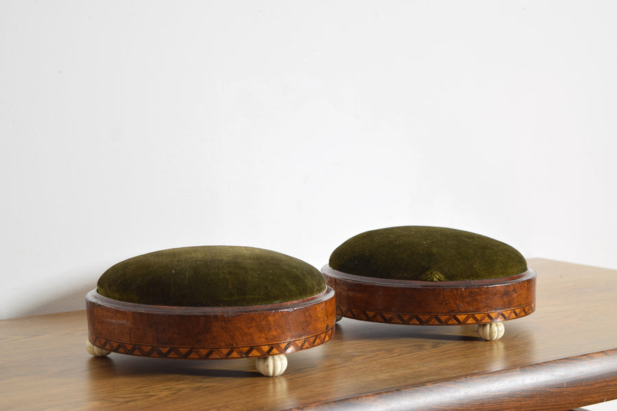 Pair of Walnut Veneered and Upholstered Round Footstools
