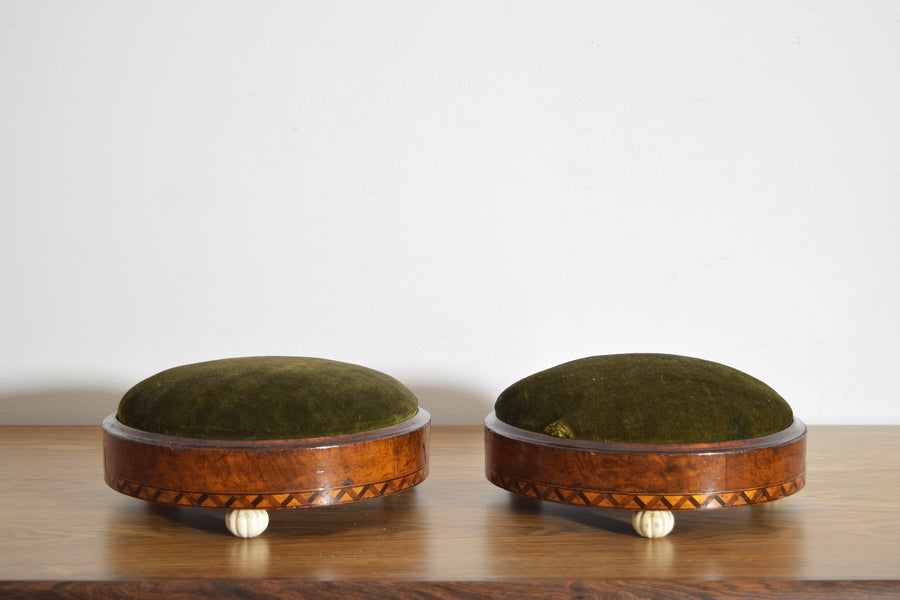 Pair of Walnut Veneered and Upholstered Round Footstools