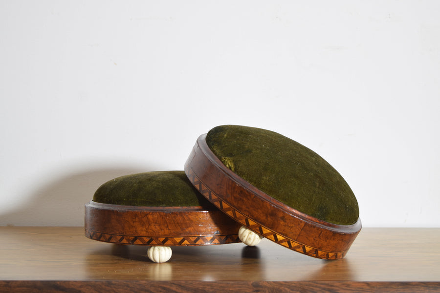 Pair of Walnut Veneered and Upholstered Round Footstools