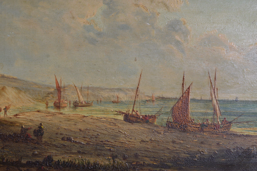 Oil on Board, Fishing Boats and Fishermen Hauling in the Catch