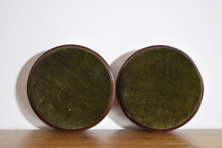 Pair of Walnut Veneered and Upholstered Round Footstools
