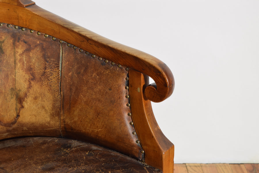 Walnut and Leather Upholstered Armchair