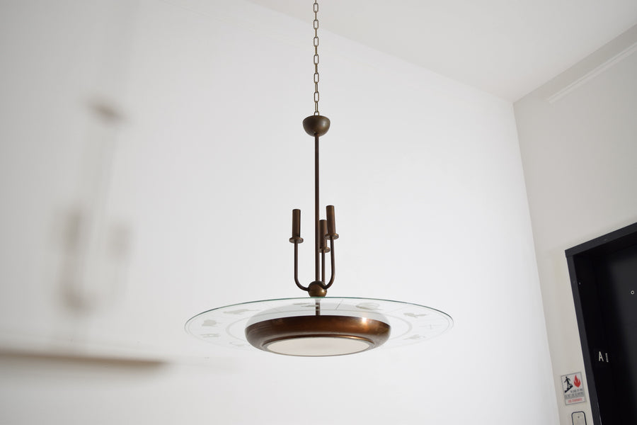 Brass and Glass Zodiac Ring 6-Light Chandelier