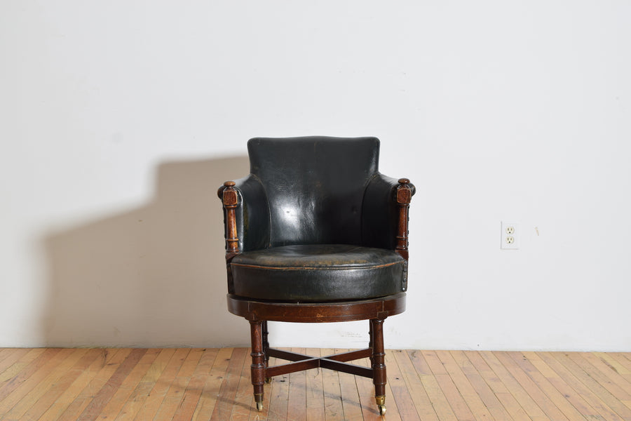 Oak and Leather Upholstered Swivel Desk Bergere