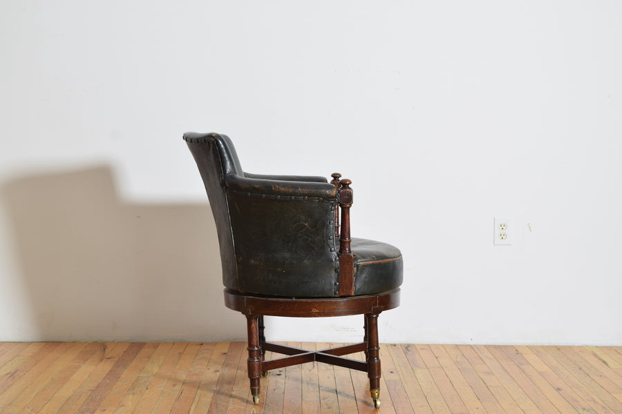 Oak and Leather Upholstered Swivel Desk Bergere